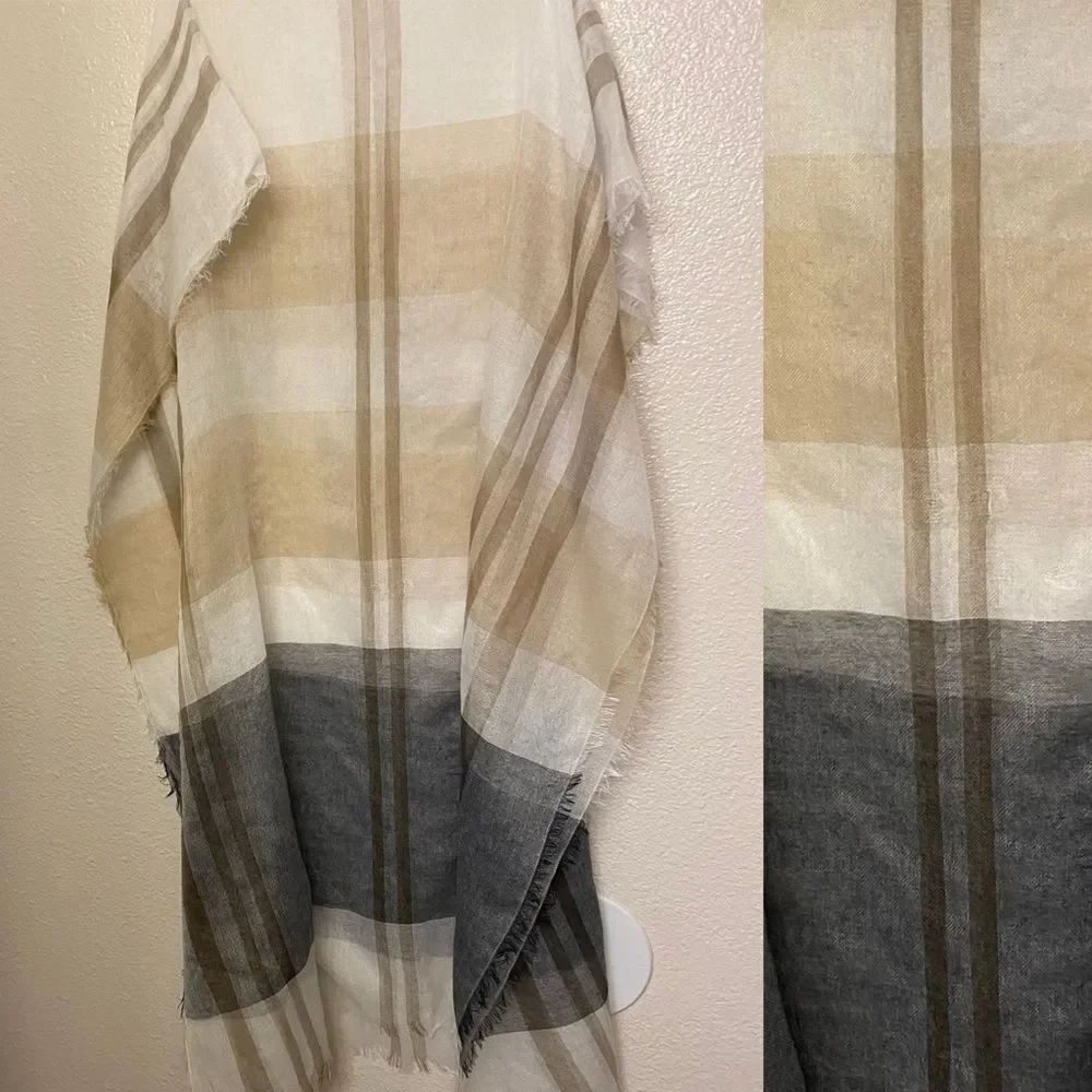Tan beige gray plaid gauze semi sheer lightweight muslin scarf wrap 80x32